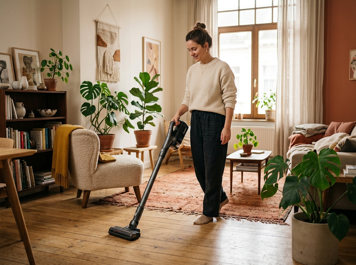Une femme passe l'aspirateur balai sans fil sur un parquet, dans un salon lumineux et chaleureux